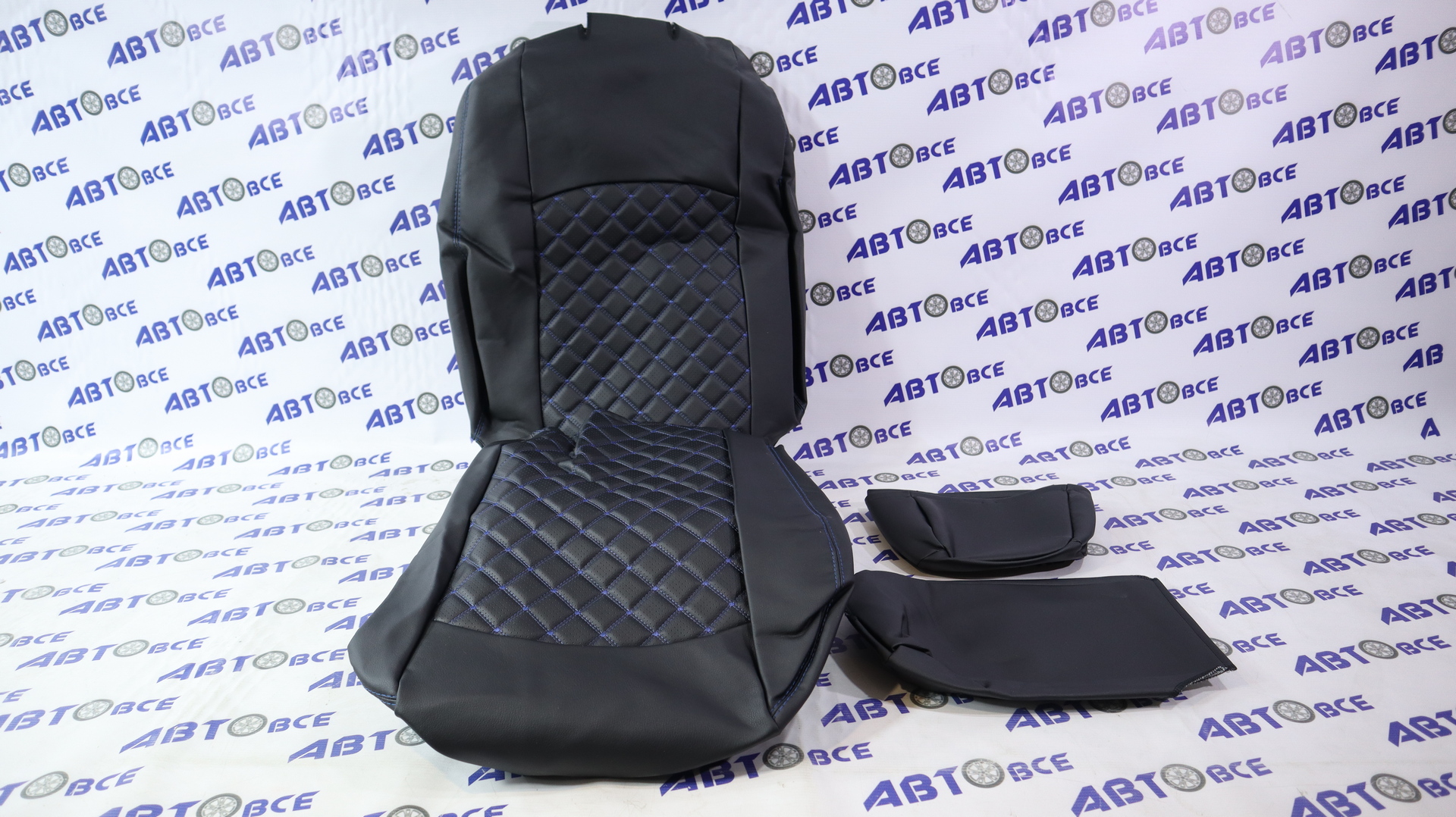 Чехлы сидений Lacetti седан Gentra ( 2002г) с задним подлокотником РОМБ-Экокожа черный/синяя нить AUTOPROFI